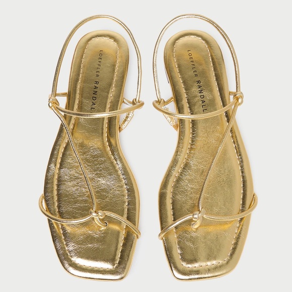 Loeffler Randall Eleanor Gold Lamb Leather Square Toe Flat Strappy Sandal EUC 8 - Picture 1 of 12